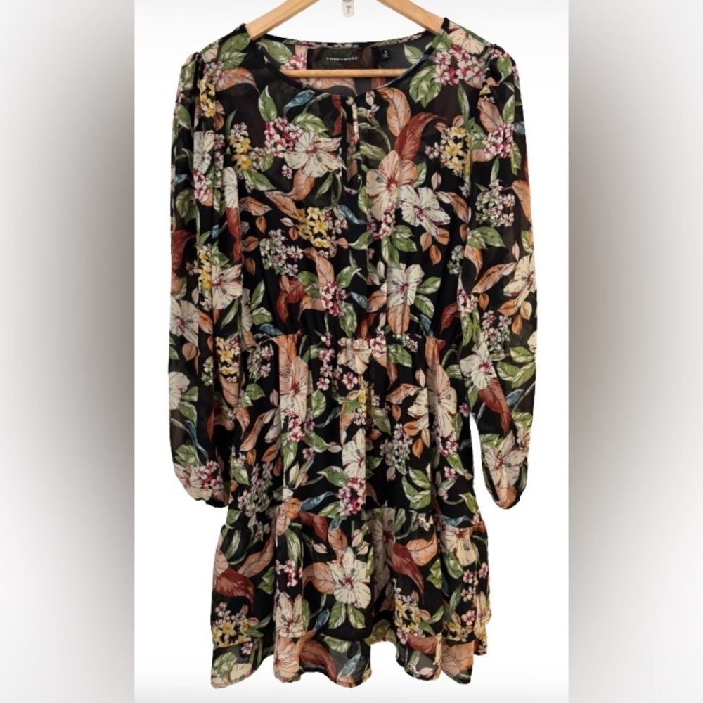 code x mode blk & multi flrl dbl ruffl hem mini drss WM M whimsigoth boho